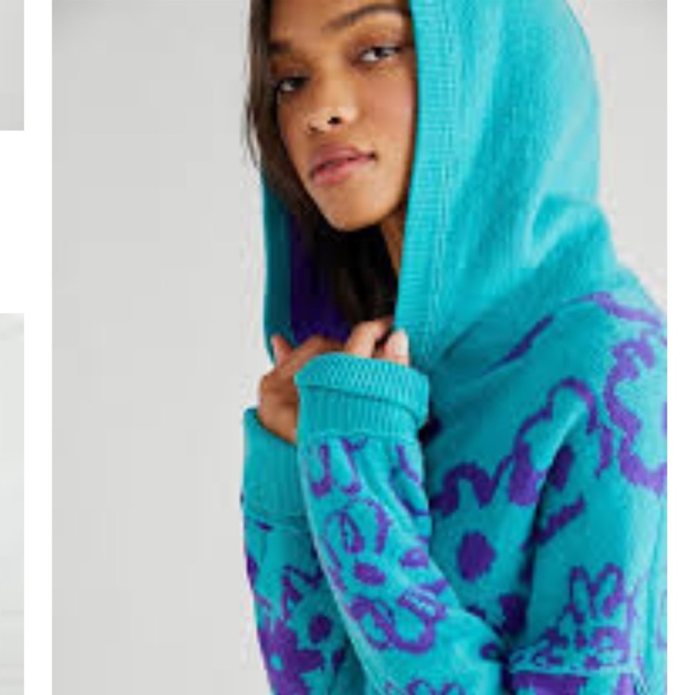 Free People Teal and Purple Floral Hooded Pullover Sweater - Picture 3 of 16